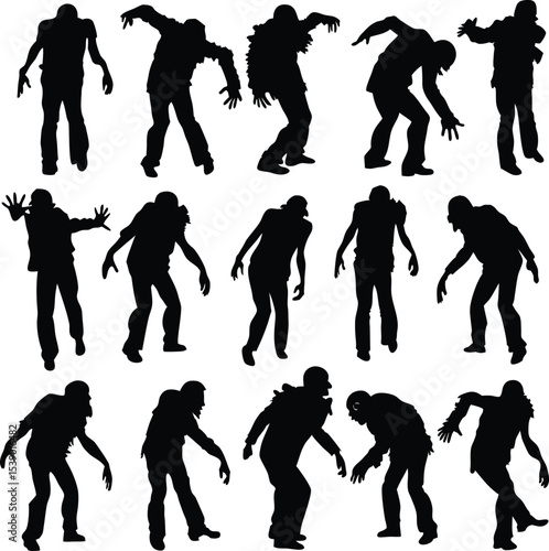 Silhouette of a Zombie Horde Walking Isolated on White Background