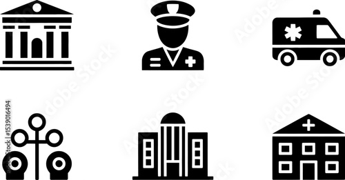 A collection of six black and white icons representing different public services
