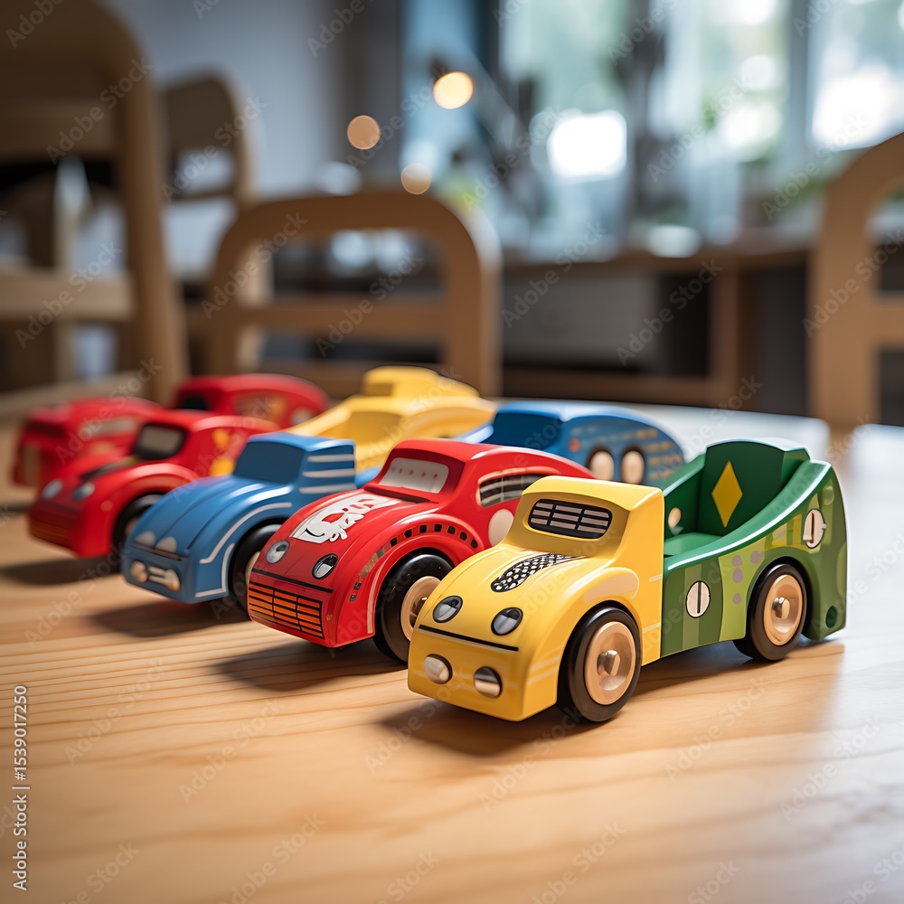 Colorful Wooden Toy Cars Arranged on Wooden Surface Ready for Playtime and Creative Imagination, Nostalgic Childhood Charm. Colorful Wooden Toy Cars Arranged on Wooden Surface Ready for Playtime and Creative Imagination, Nostalgic Childhood Charm.