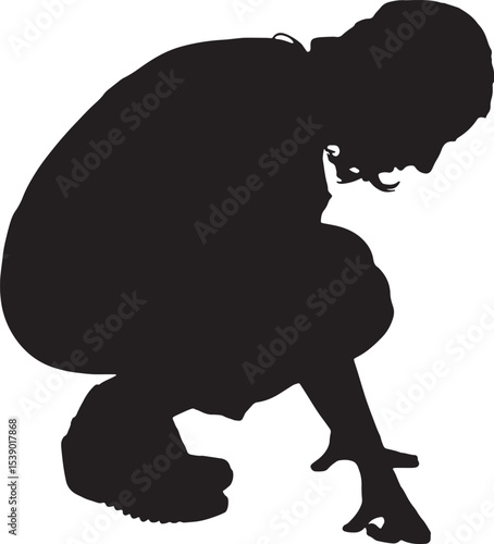 Vector; silhouette of a side view of a woman squatting searching or staring at something on the floor