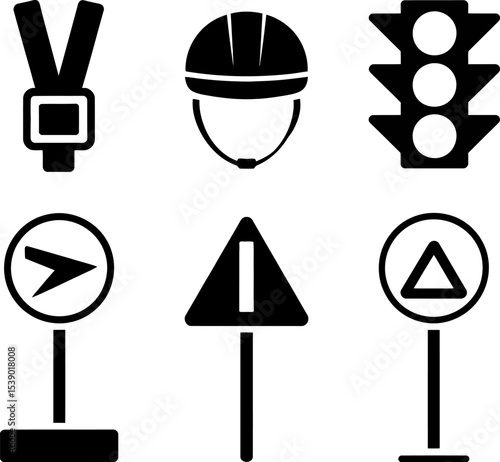 A set of safety and traffic icons including a seatbelt helmet and traffic signals