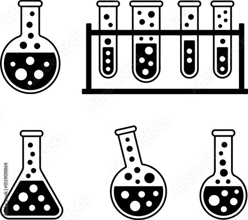 Illustration of laboratory glassware including flasks and test tubes with liquid