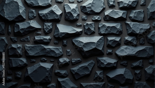 A dramatic,close-up shot of a textured black brick or stone wall,with strong,uneven lighting highlighting its rough,three-dimensional surface.The deep shadows and bright facets create a sense of depth