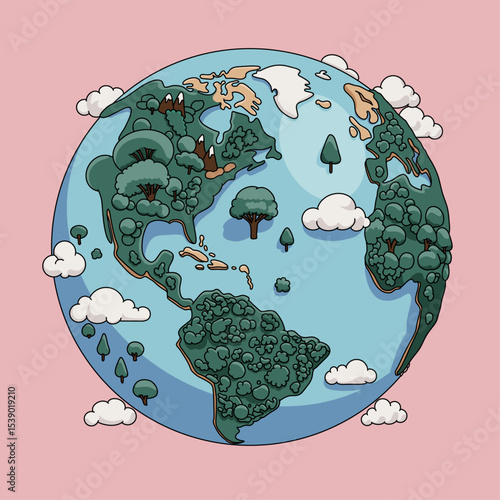 Planet Earth World Globe with Clouds, Water, Mountains and Trees. 3d Style Minimalist Cute Vector Color Icon on Pink Background. Environmental Care for Natural Resources Concept