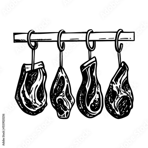 Photos A vintage style illustration depicting meat hooks