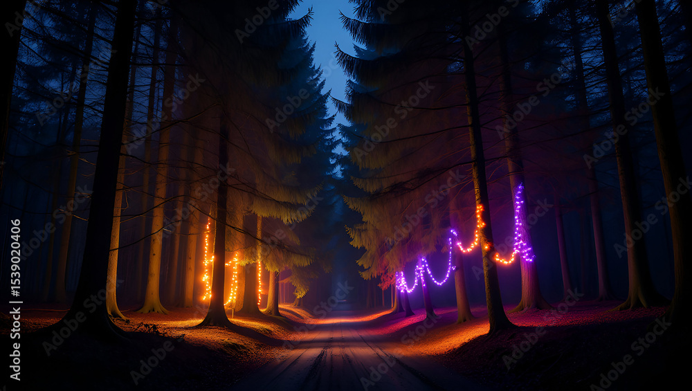 Obraz premium Dark Forest Path Illuminated by Colorful Fairy Lights at Night Orange and Purple String Lights Adorn Trees Winter Scene Full H D 4 K Image Photo Picture Stock New Latest