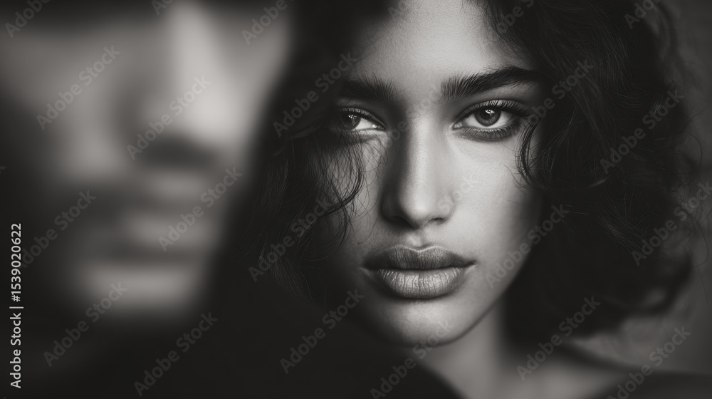 Woman staring ahead with blurred man in foreground Woman staring ahead with blurred man in foreground