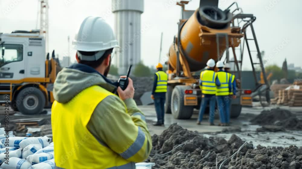 custom made wallpaper toronto digitalConstruction workers in reflective vests near cement mixer and communication gear, teamwork under cloudy sky. Concept of labor and industrial teamwork