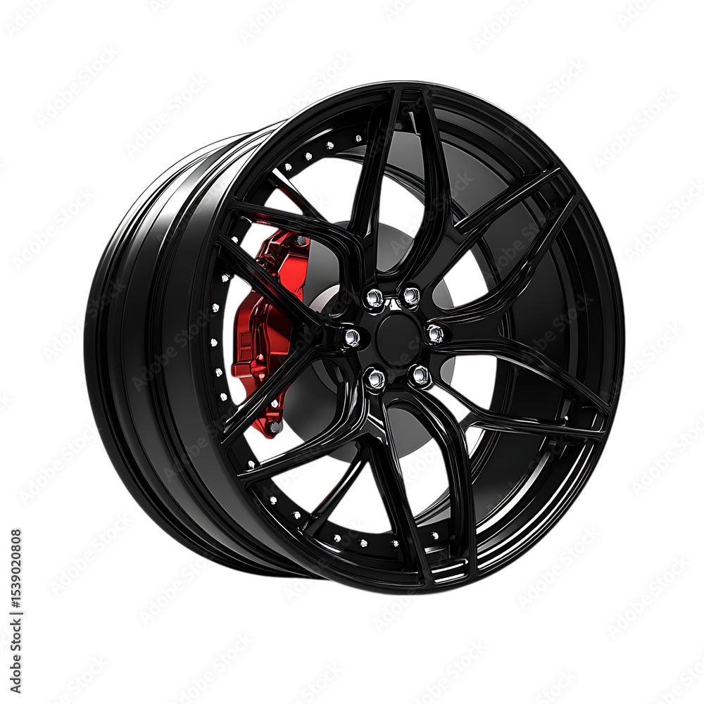 Obraz premium Black alloy wheel with red brake caliper
