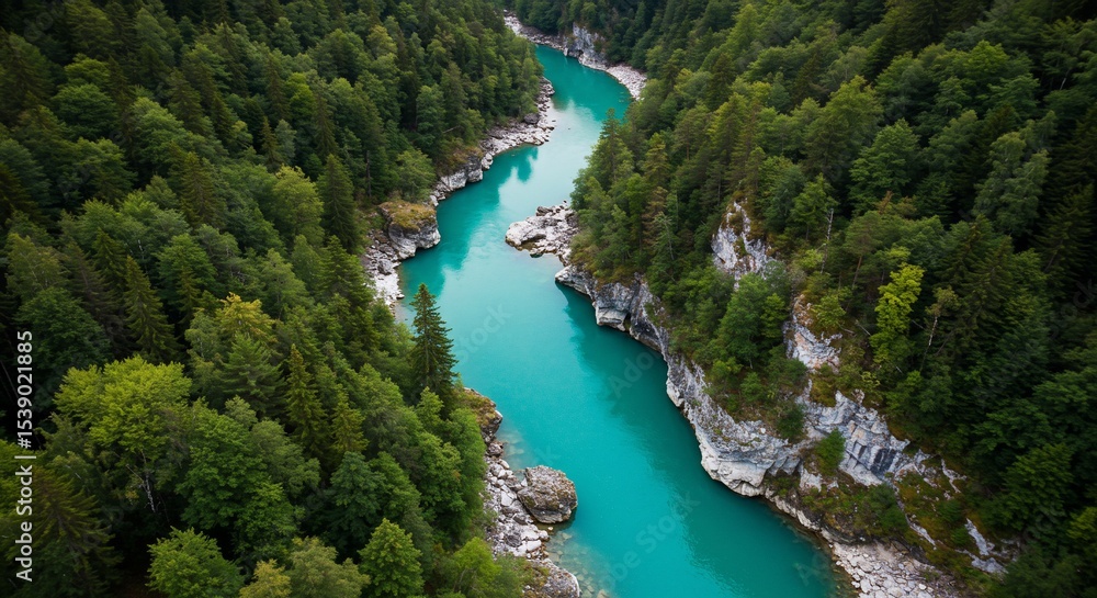 Turquoise River Carving Through Dense Forest, Aerial View of Natural Beauty Turquoise River Carving Through Dense Forest, Aerial View of Natural Beauty