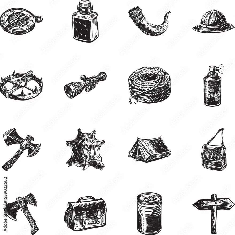 © Prosymbols - Set of Hunting Equipment Vintage Style Illustrations © Prosymbols - Set of Hunting Equipment Vintage Style Illustrations