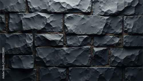 A dramatic,close-up shot of a textured black brick or stone wall,with strong,uneven lighting highlighting its rough,three-dimensional surface.The deep shadows and bright facets create a sense of depth
