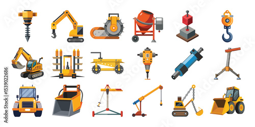 Construction equipment icons set isolated on white background