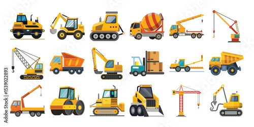 Collection of yellow construction vehicles isolated on white background