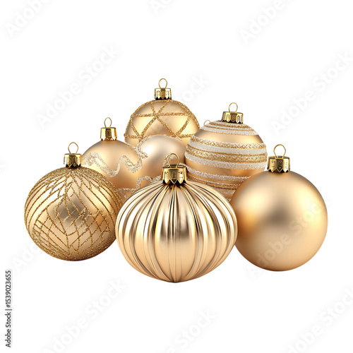 Elegant gold Christmas ornaments, festive decoration.