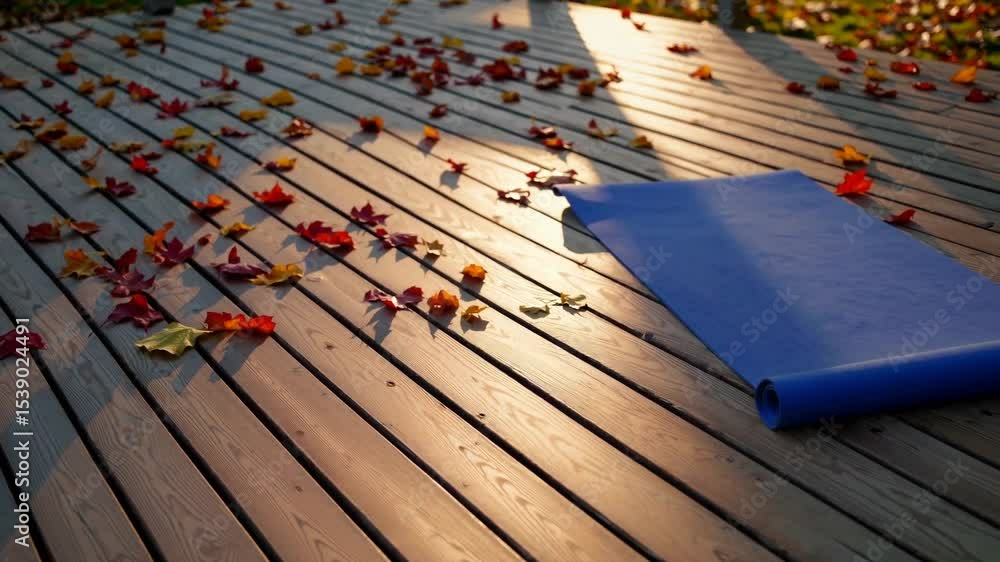 custom made wallpaper toronto digitalAutumn leaves scattered on wooden deck with yoga mat during sunset in peaceful outdoor setting