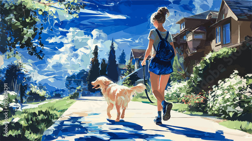 Student walking her golden retriever in a quiet suburban neighborhood on a beautiful sunny summer day