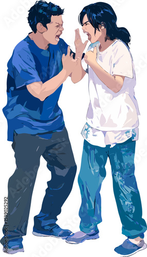 Two young people having an argument, shouting and gesturing angrily at each other