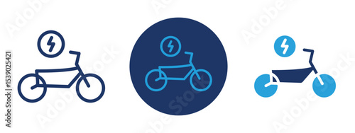 Set of pixel perfect colored Electric bike icon with 1 unexpanded, 1 silhouette,  Icon of a modern electric bike promoting green transportation.