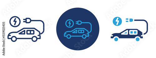 Set of pixel perfect colored Electric car icon with 1 unexpanded, 1 silhouette,  Symbol of an electric car with charging plug.