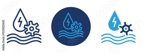 Set of pixel perfect colored Hydro power icon with 1 unexpanded, 1 silhouette,  Icon of hydro power plant symbolizing clean water energy.