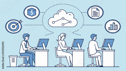 Business people working with laptops and sitting at desks in office icons