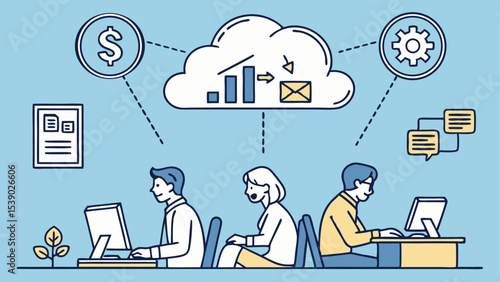 Business people icon set with men and women working in office or using laptops and technology