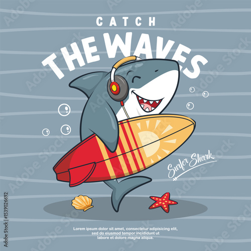 Cute Surfer Shark With Surfboard, Cartoon Illustration