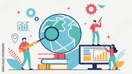 Cartoon illustration of a man and woman with a pencil representing global business and communication concept