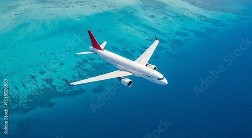 Wallpaper Mural Aerial View of Airplane Flying Over Turquoise Ocean Waters with Red Wingtips Torontodigital.ca