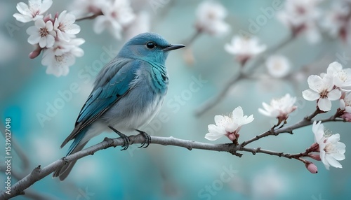 photograph of a real-life small blue bird perched delicately on a blossoming tree branch. The bird has vibrant turquoise and sky-blue feathers