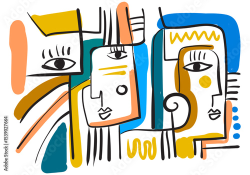 colorful abstract artwork featuring fragmented faces and organic shapes