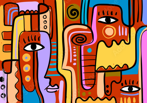 colorful abstract artwork featuring fragmented faces and organic shapes
