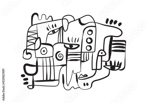 This highly expressive and somewhat chaotic abstract line drawing features multiple faces and eyes