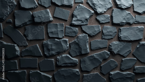 A dramatic,close-up shot of a textured black brick or stone wall,with strong,uneven lighting highlighting its rough,three-dimensional surface.The deep shadows and bright facets create a sense of depth