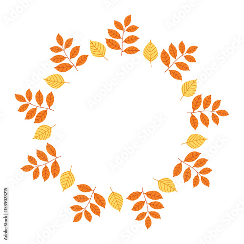 Autumn fall frame. Autumn leaves circle frame. Round border made of fall leaves in orange, yellow, and green. Vector flat isolated on white background.	
