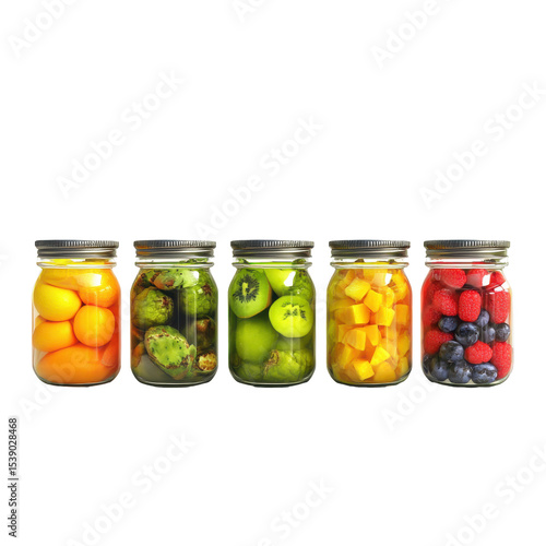Colorful Jars of Fresh Fruits and Vegetables in Glass Containers for Healthy Living and Preservation on transparent background