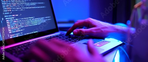 Wallpaper Mural Typing Code On Laptop in Neon Light, Software Development Concept Torontodigital.ca