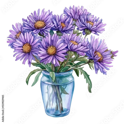 A Alpine Aster In A Vase, watercolor clipart vector, isolated on a white background.