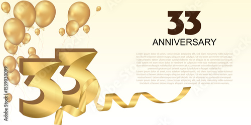 Elegant 33rd anniversary celebration with golden balloons, ribbon, and bold 3D numbers. Perfect for greeting cards, banners, or party invitations. Luxurious and festive vector design.