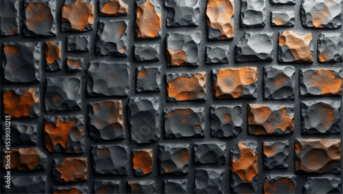 A close-up, high-definition shot of a rustic stone wall, featuring irregularly shaped, dark charcoal grey and weathered, earthy orange stones. The texture of the individual stones is highly visible.