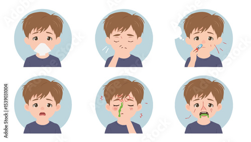 Child showing signs of cold or flu with various symptoms
