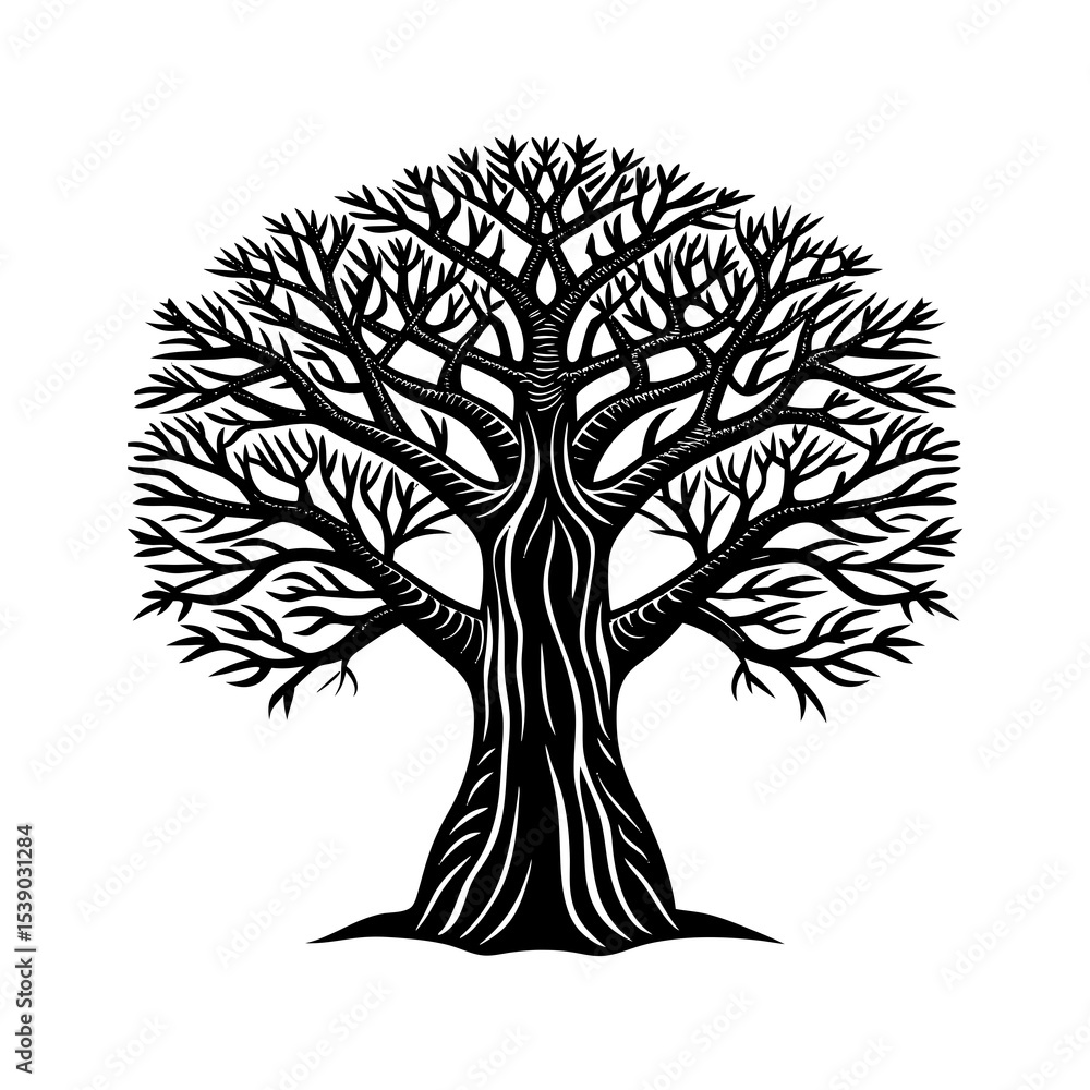 Obraz premium Detailed black and white tree vector illustration: nature, forest, oak tree, silhouette, design element