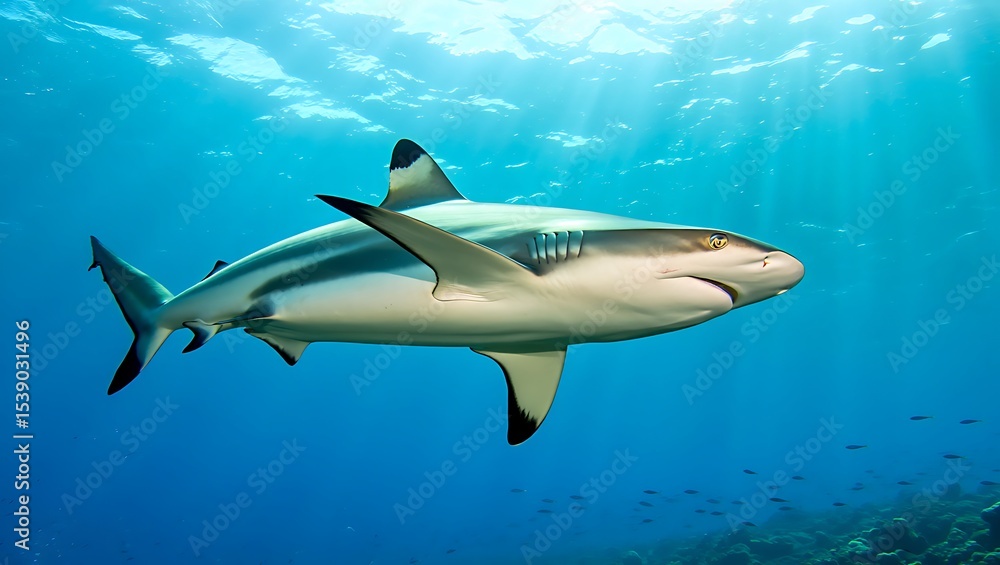 Obraz premium A blacktip reef shark swimming gracefully in the clear blue ocean with sunlight streaming through water