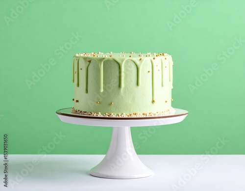 Light green cake with dripping frosting on a white pedestal, against a mint green backdrop