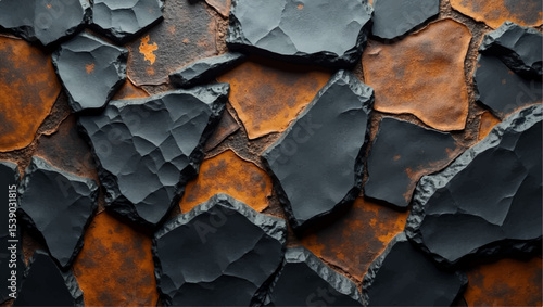 A close-up, high-definition shot of a rustic stone wall, featuring irregularly shaped, dark charcoal grey and weathered, earthy orange stones. The texture of the individual stones is highly visible.