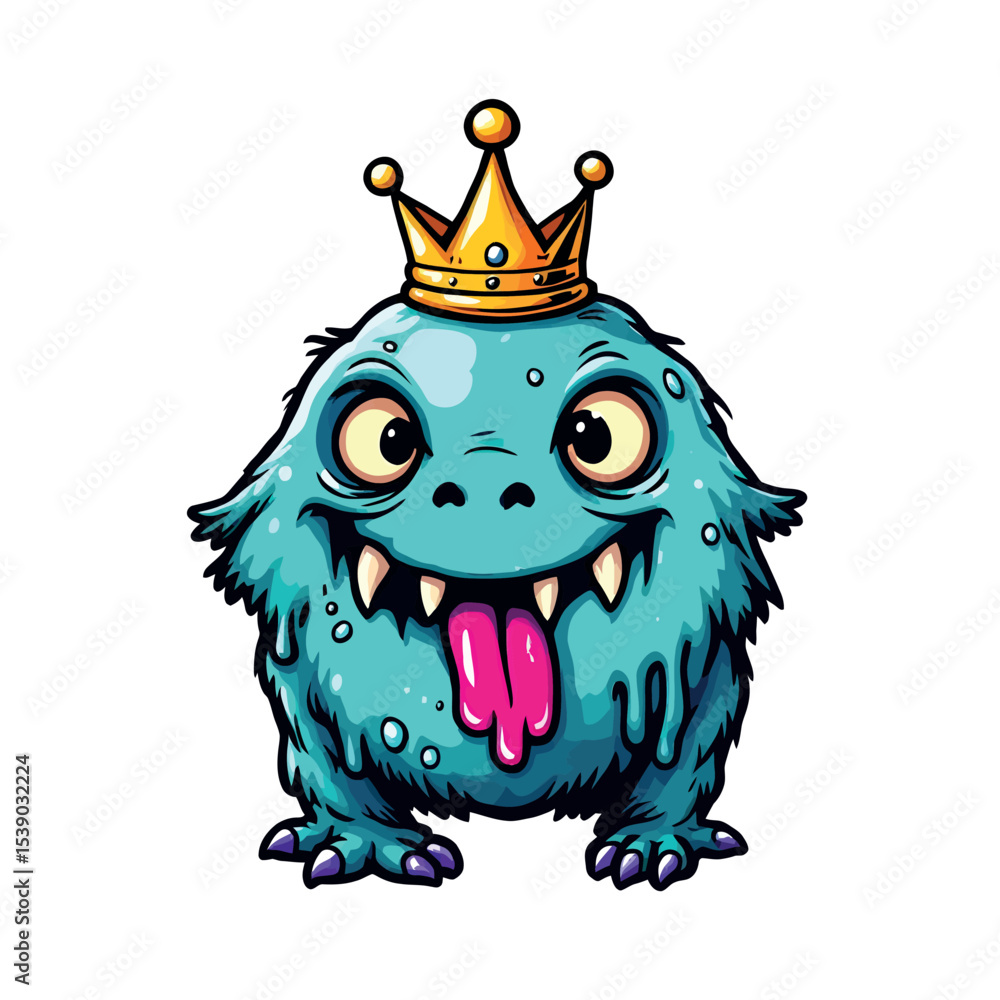Cute Turquoise Blob Monster With Crown Funny Vector Sticker Design Style Cute Turquoise Blob Monster With Crown Funny Vector Sticker Design Style
