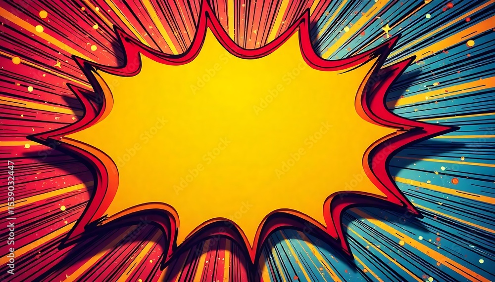 Fototapeta premium Colorful comic pop art boom explosion background, vibrant superhero theme sign frame, announcement, created with generative ai
