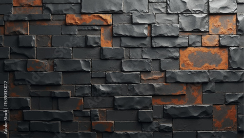 A close-up, high-definition shot of a rustic stone wall, featuring irregularly shaped, dark charcoal grey and weathered, earthy orange stones. The texture of the individual stones is highly visible.