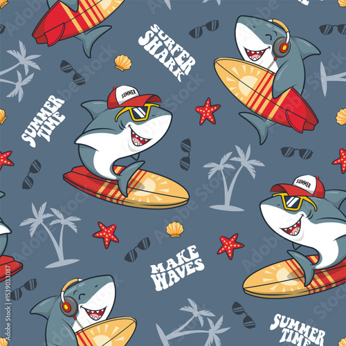 Canvas Print Seamless Pattern Summer Surfing With Cool Surfer Shark, Cartoon Illustration